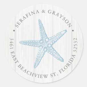 Rücksendeadresse Blue Starfish Rustic Beach Hochze Runder Aufkleber