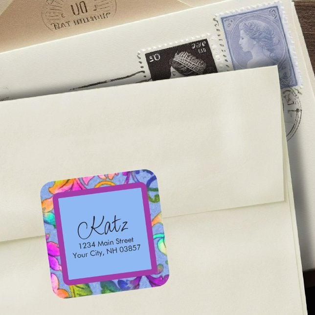Rücksendeadresse Colorful Damask Blue Quadratischer Aufkleber (Von Creator hochgeladen)