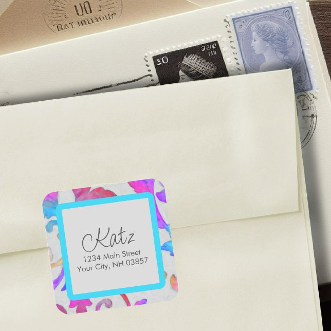 Rücksendeadresse Farbenfrohe Damaske Rosa Türkis Quadratischer Aufkleber (Von Creator hochgeladen)