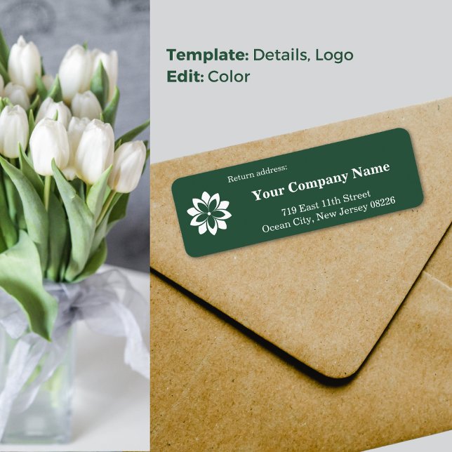 Rücksendeadresse für den Floristenladen nach Maß. (Custom Green & White Florist Shop Return Address Label, White Blossom Logo)