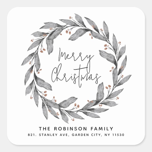 Rücksendeadresse für den Winter Weihnachtskranz Quadratischer Aufkleber (Vorderseite)