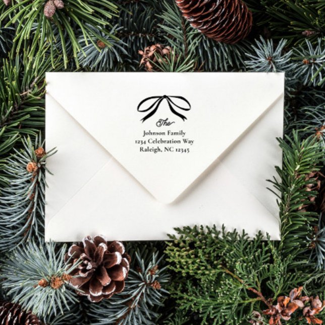 Rücksendeadresse für einfache Bow-Familie Permastempel (Simple bow Christmas holiday card return address self-inking stamp.)
