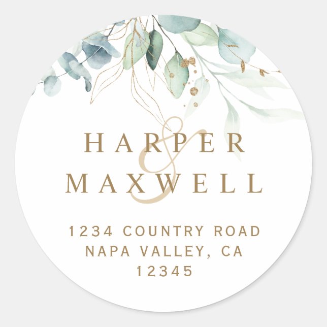 Rücksendeadresse für goldene und grüne Botanische  Runder Aufkleber (Vorderseite)