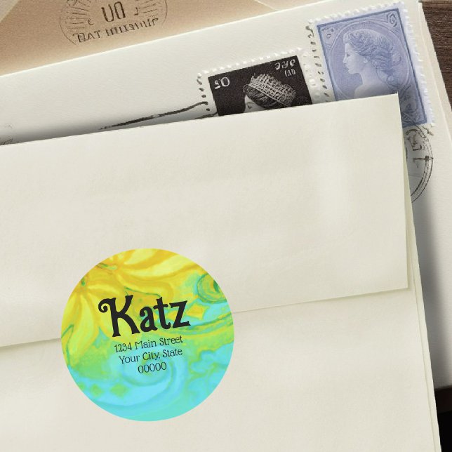 Rücksendeadresse Gelb Türkis Blumenfarbe Runder Aufkleber (Von Creator hochgeladen)