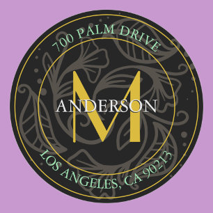Rücksendeadresse, Goldmonogramm, Grafikflorale Runder Aufkleber