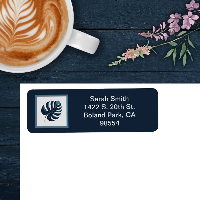 Rücksendeadresse Navy Blue & White Monstera Leaf (Von Creator hochgeladen)