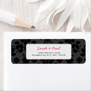Rücksendeadresse: Schwarz auf grauem Floral Damask