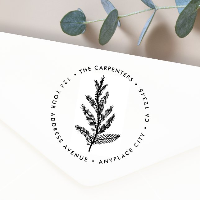 Rücksendeadresse Stempel | Moderner Tannenbaumzwei (Round fir branch illustration return address rubber stamp for everyday and seasonal mailing)