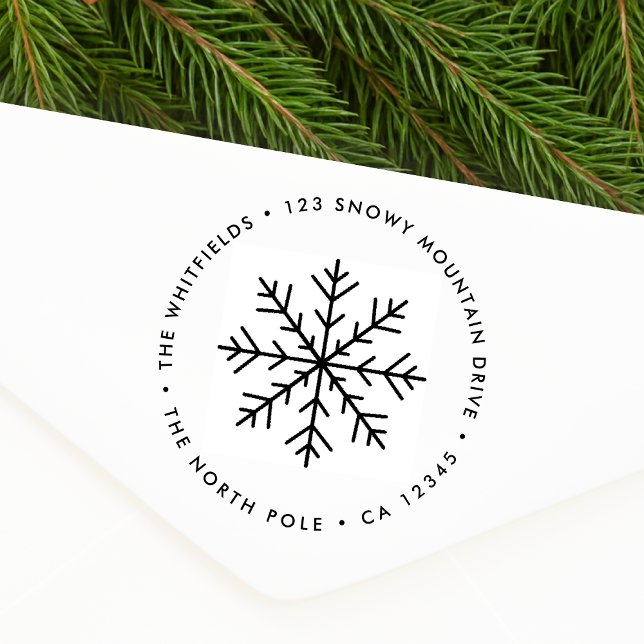 Rücksendeadresse-Stempel | Weihnachts-Schneeflocke Gummistempel (Simple Christmas snowflake round return address stamp for holiday cards & seasonal parcel mailing)