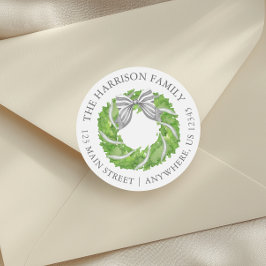 Rücksendeadresse Watercolor Grau Bow Wreath Runder Aufkleber