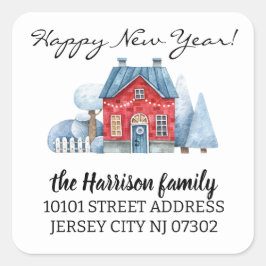 Rücksendeadresse Watercolor Weihnachtshaus Quadratischer Aufkleber