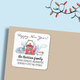 Rücksendeadresse Watercolor Weihnachtshaus Quadratischer Aufkleber