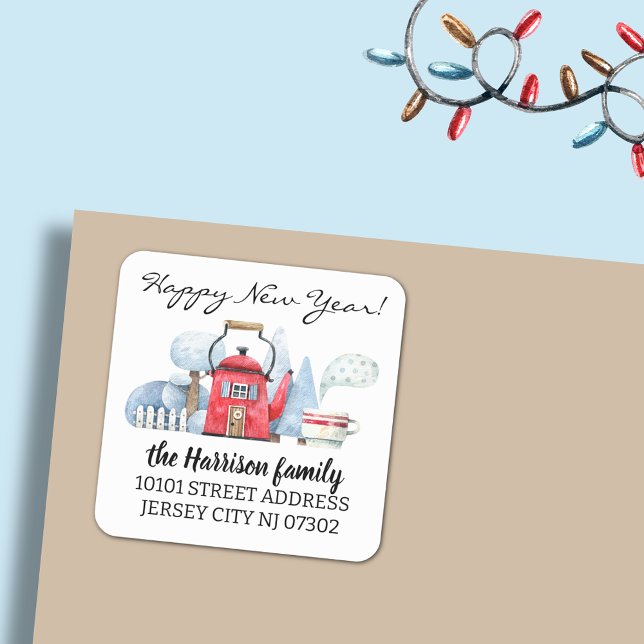 Rücksendeadresse Watercolor Weihnachtshaus Quadratischer Aufkleber (Von Creator hochgeladen)