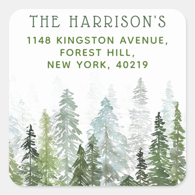 Rücksendeadresse Watercolor Woodland Pine Trees Quadratischer Aufkleber (Vorderseite)