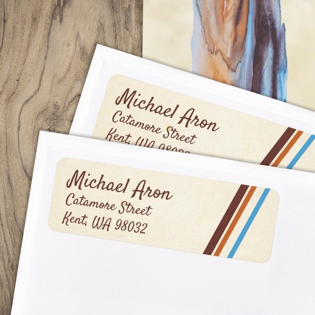 Rücksendeadressen-Aufkleber aus braunen und blauen (retro 80s diagonal stripes mailing address labels stickers for personalized brown blue stationary)