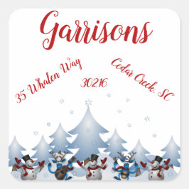 Rücksendeanschrift für Snowmen und Rentiere Quadratischer Aufkleber