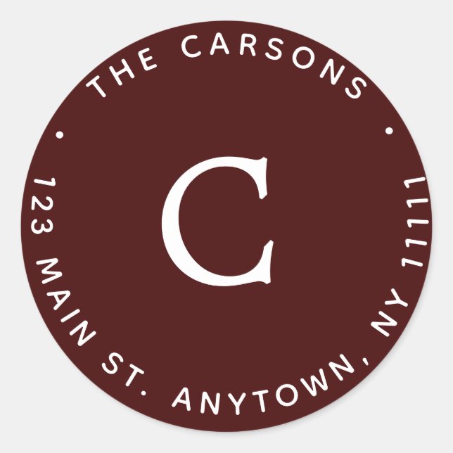 Rücksendeaufkleber für Burgundy Monogram Runder Aufkleber (Vorderseite)