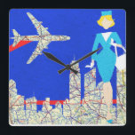 Rückwärtsflug auf der Wall-Uhr Quadratische Wanduhr<br><div class="desc">Unabhängig davon, wo Sie diese Liebe bei First Flight Retro Flight Attendant Wall Clock platzieren, haben Sie die niedlichste Uhr für Meilen um die Uhr. Das Design zeichnet sich durch einen königsblauen Hintergrund mit einer Skyline der Stadt und einem Flugzeug aus einer Vintagen Roadmap aus. Es gibt auch einen minimalistischen...</div>