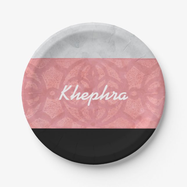 Ruddy Pink Batik Grau Wasserfarbe und Name Pappteller (Vorderseite)