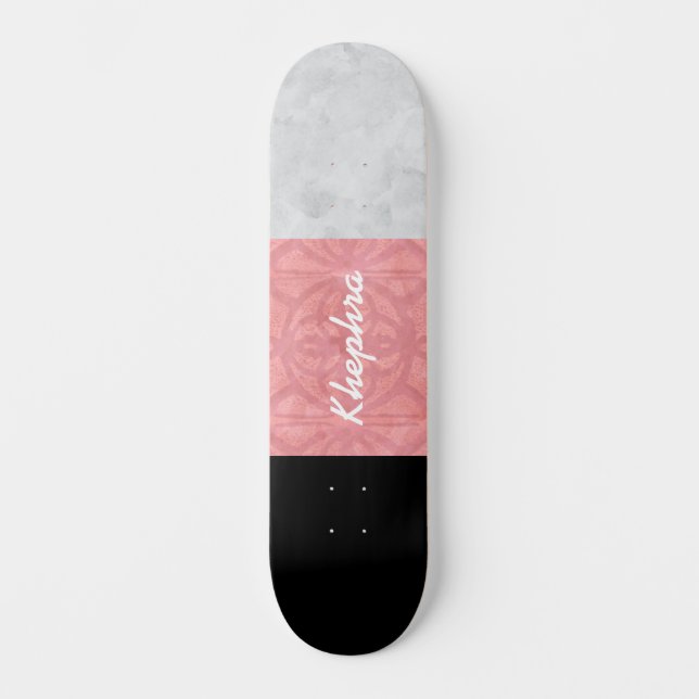 Ruddy Pink Batik Grau Wasserfarbe und Name Skateboard (Vorderseite)