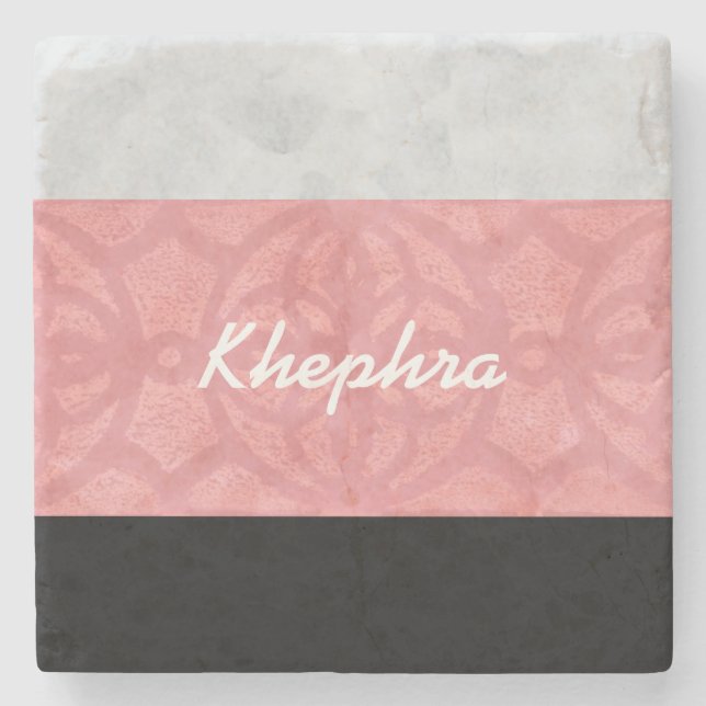 Ruddy Pink Batik Grau Wasserfarbe und Name Steinuntersetzer (Vorderseite)