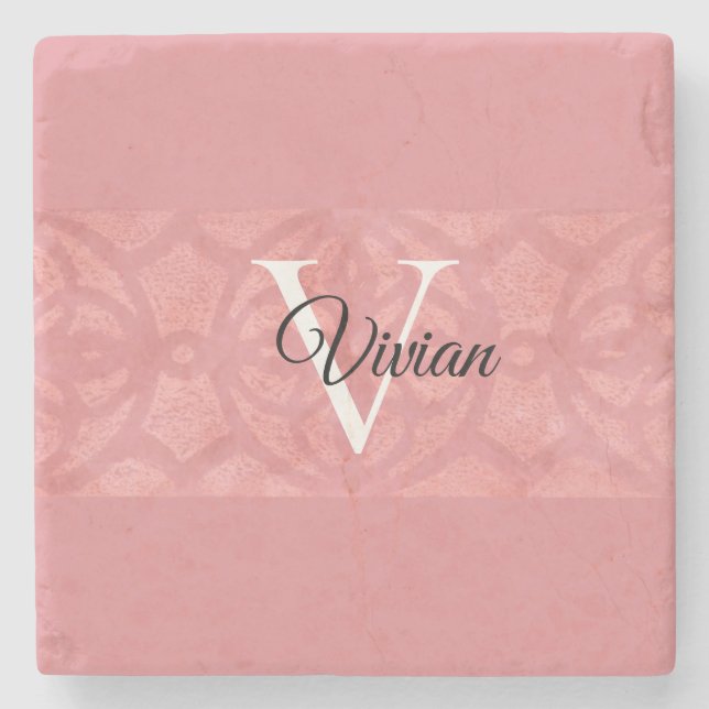 Ruddy Pink Batik Name Mit Monogramm Steinuntersetzer (Vorderseite)