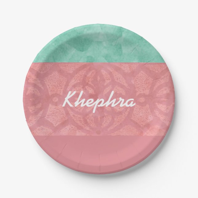 Ruddy Pink Batik und Blue Watercolor Name Pappteller (Vorderseite)