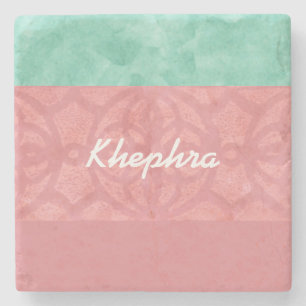 Ruddy Pink Batik und Blue Watercolor Name Steinuntersetzer