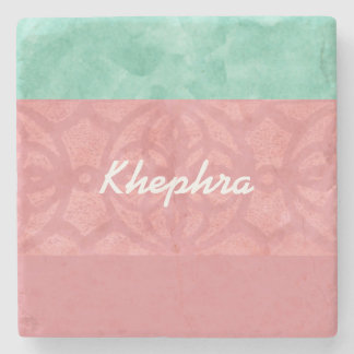 Ruddy Pink Batik und Blue Watercolor Name Steinuntersetzer