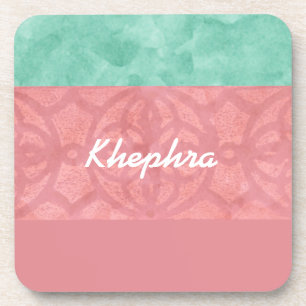 Ruddy Pink Batik und Blue Watercolor Name und Jahr Getränkeuntersetzer