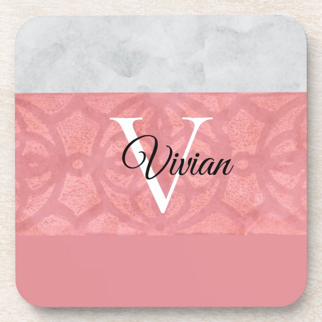 Ruddy Pink Batik und Grau Wasserfarbe Mit Monogram Getränkeuntersetzer (Vorderseite)