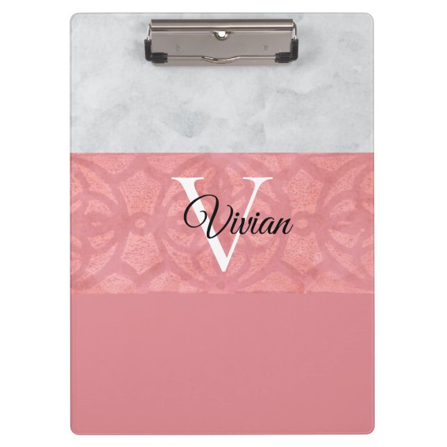 Ruddy Pink Batik und Grau Wasserfarbe Mit Monogram Klemmbrett (Vorderseite)