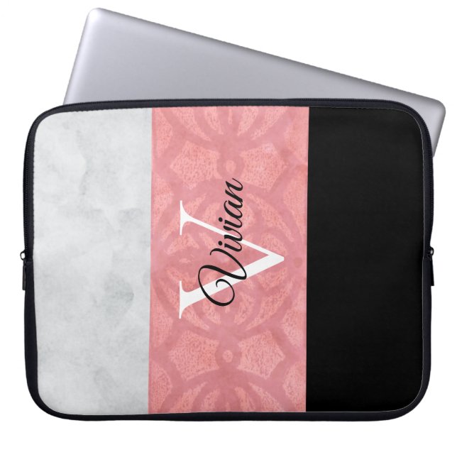 Ruddy Pink Batik und Grau Wasserfarbe Mit Monogram Laptopschutzhülle (Vorderseite)