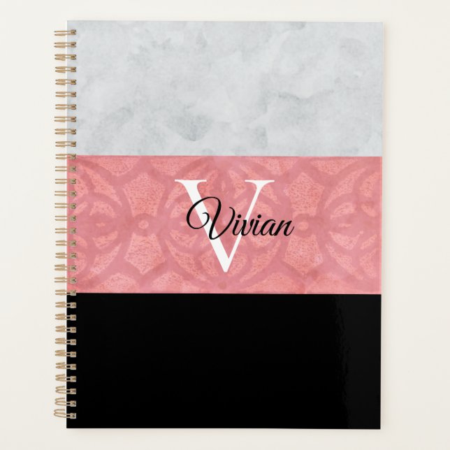 Ruddy Pink Batik und Grau Wasserfarbe Mit Monogram Planer (Vorderseite)