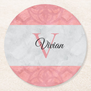 Ruddy Pink Batik und Grau Wasserfarbe Mit Monogram Runder Pappuntersetzer