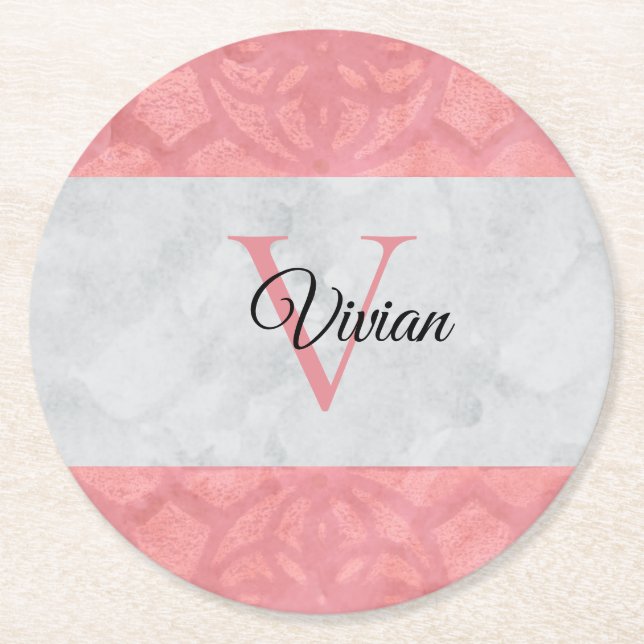 Ruddy Pink Batik und Grau Wasserfarbe Mit Monogram Runder Pappuntersetzer (Vorderseite)