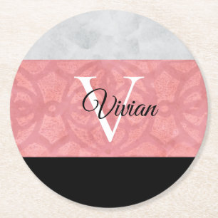 Ruddy Pink Batik und Grau Wasserfarbe Mit Monogram Runder Pappuntersetzer