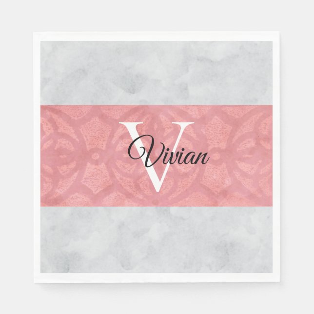 Ruddy Pink Batik und Grau Wasserfarbe Mit Monogram Serviette (Vorderseite)