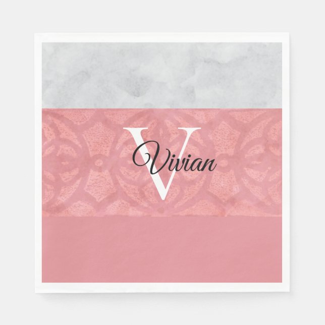 Ruddy Pink Batik und Grau Wasserfarbe Mit Monogram Serviette (Vorderseite)