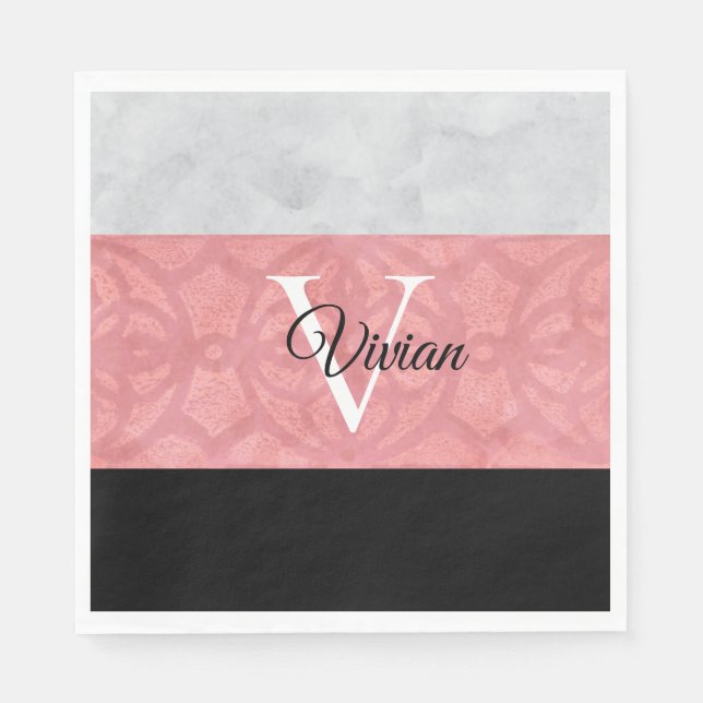 Ruddy Pink Batik und Grau Wasserfarbe Mit Monogram Serviette (Vorderseite)