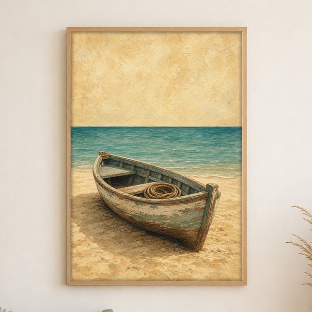 Ruderboot am Sand Aquarell Küstenkunst Poster (Shown framed for scale. Poster ships unframed; frames are an optional add-on.)