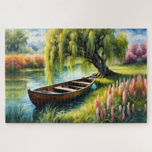 Ruderboot in Teich bei Weidenbaum Puzzle