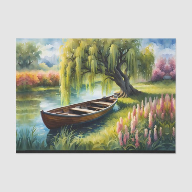 Ruderboot in Teich bei Weidenbaum Seidenpapier (Vorderseite)