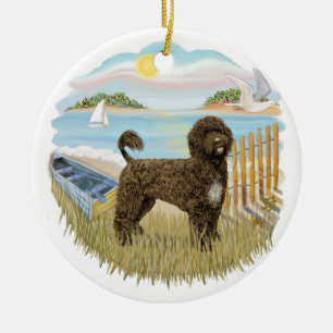Ruderboot - Portugiesischer Wasserhund (braun) Keramik Ornament