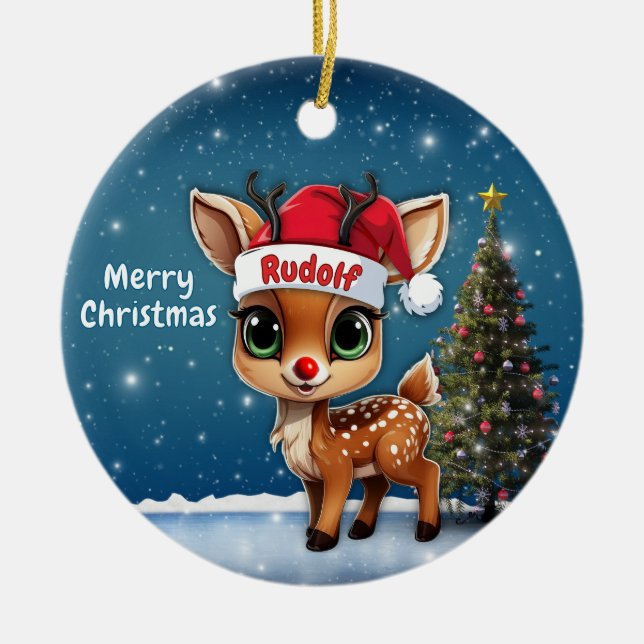 Rudolf Baby Deer, Fawn, Doe, Reindeer🦌 🎄 Keramik Ornament (Vorne)