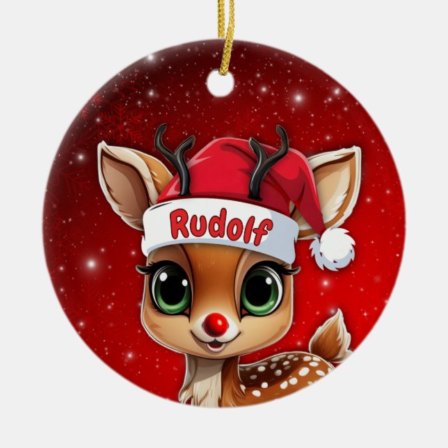 Rudolf Baby Deer, Fawn, Doe, Reindeer🦌 🎄 Keramik Ornament (Vorne)