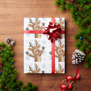 Rudolph mit blauen Schneeflocken Geschenkpapier