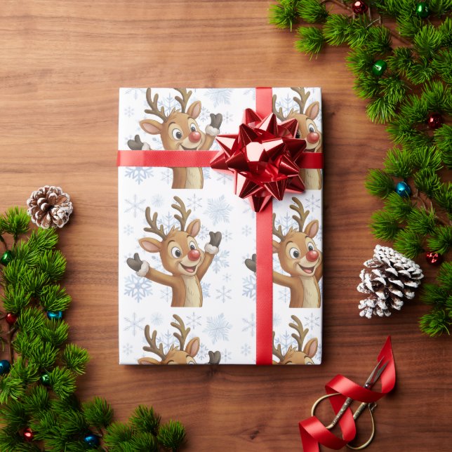 Rudolph mit blauen Schneeflocken  Geschenkpapier (Feiertagsgeschenk)