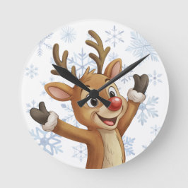 Rudolph mit blauen Schneeflocken Runde Wanduhr