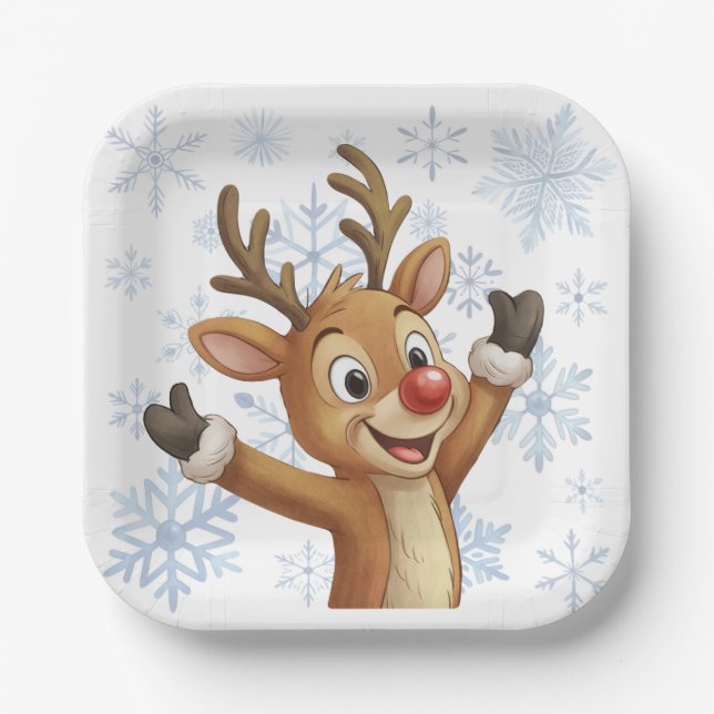 Rudolph With Blue Snowflakes Pappteller (Vorderseite)